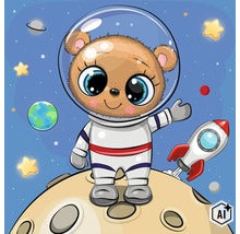 Kreslená ilustrace medvěda v obleku astronauta na měsíci s raketou a pozadím vesmíru. (Image AI modified or generated)