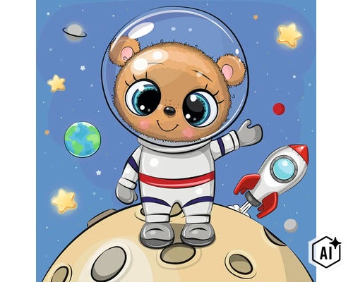 Kreslená ilustrace medvěda v obleku astronauta na měsíci s raketou a pozadím vesmíru. (Image AI modified or generated)