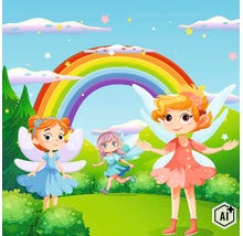 Nástěnná dekorace s motivem tří víl v barevné krajině s duhou, vhodná jako dekorace do dětského pokoje. (Image AI modified or generated)