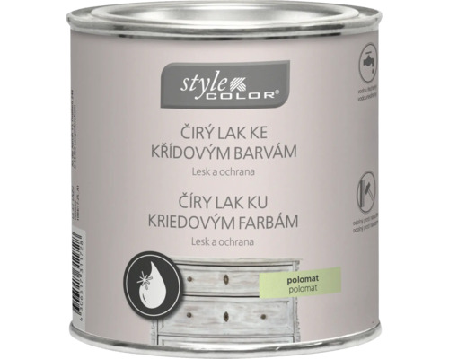 Čirý lak na křídové barvy Style Color v plechovce, chrání a dodává polomatný lesk.