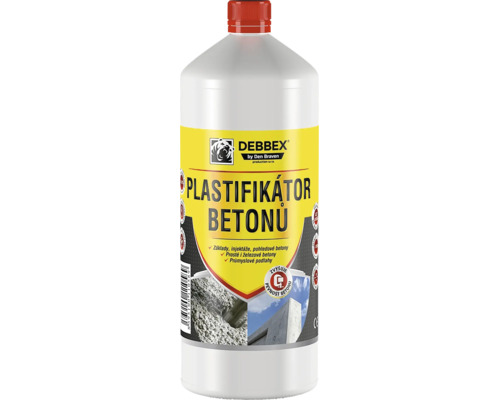 Plastová láhev s Debbex plastifikátorem betonu jako přísada pro zlepšení zpracovatelnosti a pevnosti betonu