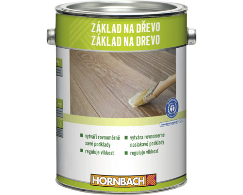 Plechovka základního nátěru na dřevo Hornbach s vyobrazeným štětcem na dřevěném povrchu a ekoznačkou Modrý anděl.