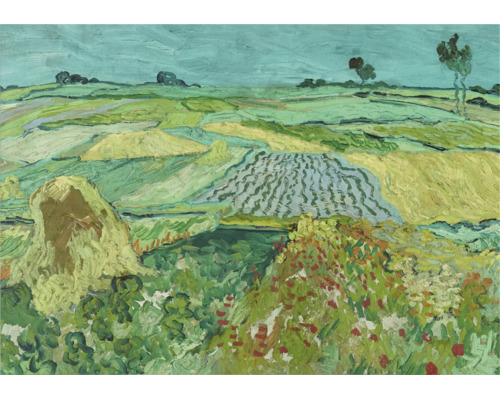 Nástěnná dekorace s impresionistickou krajinomalbou pole se stohy sena a rozkvetlou loukou ve stylu Vincenta van Gogha.