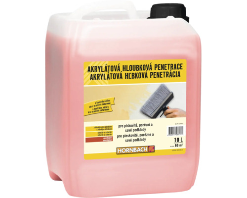 Akrylátová hloubková penetrace HORNBACH v 10 litrovém kanystru pro zpevnění savých a porézních podkladů v interiéru i exteriéru.