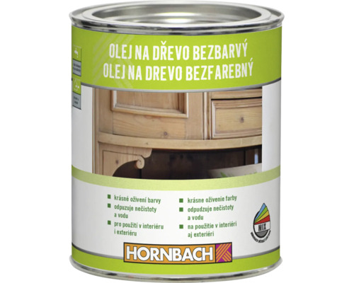 Dóza s bezbarvým olejem na dřevo od Hornbachu pro použití v interiéru i exteriéru pro ošetření a ochranu dřevěných povrchů.