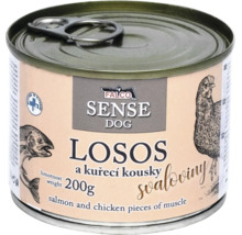 Konzerva pro psy Falco Sense Dog s lososem a kousky kuřecího svaloviny, obsah 200 gramů.