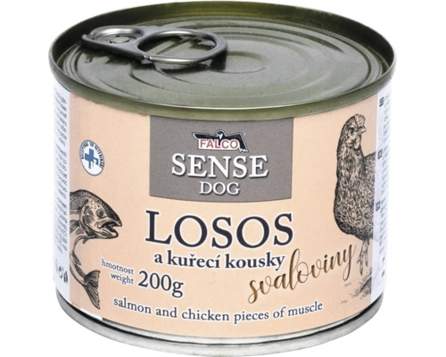 Konzerva pro psy Falco Sense Dog s lososem a kousky kuřecího svaloviny, obsah 200 gramů.