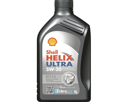 Jednolitrová láhev plně syntetického motorového oleje Shell Helix Ultra 5W 30 ECT C3 pro naftové a benzínové motory.