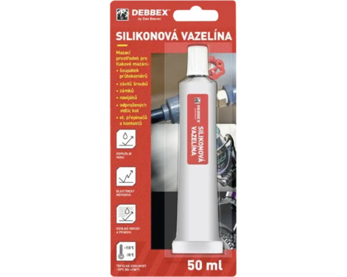 Silikonová vazelína Debbex v tubě o objemu 50 mililitrů na blistru s technickými informacemi.