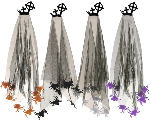 Sada čtyř halloweenských závojů s aplikacemi pavouků a ozdobou čelenky s křížem pro karnevalovou dekoraci