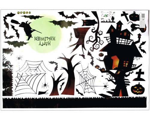 Halloween sada samolepek na zeď se strašidelným domem, čarodějnicí, dýněmi a pavučinami pro dekoraci.