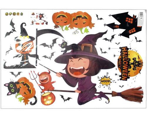 Sada halloweenských samolepek na zeď s čarodějnicí, dýněmi, netopýry a dekorativními prvky pro výzdobu večírku