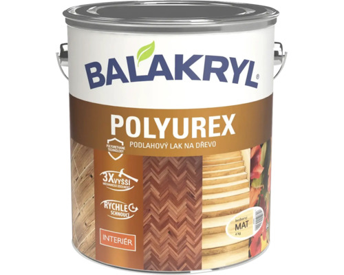 Balakryl Polyurex matný lak na dřevěné podlahy v balení 4 kilogramy pro použití v interiéru s polyuretanovou technologií.