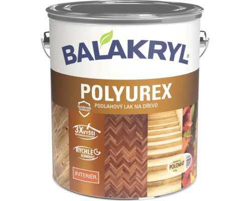 Balakryl Polyurex podlahový lak na dřevo v interiéru v balení o hmotnosti čtyři kilogramy.