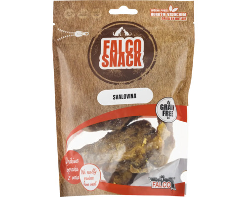Psí pamlsek Falco Snack ze sušeného svaloviny v uzavíratelném obalu.
