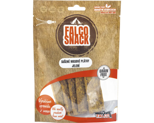 Falco Snack sušené masové plátky z jelena jako pamlsek pro psy v uzavíratelném obalu.