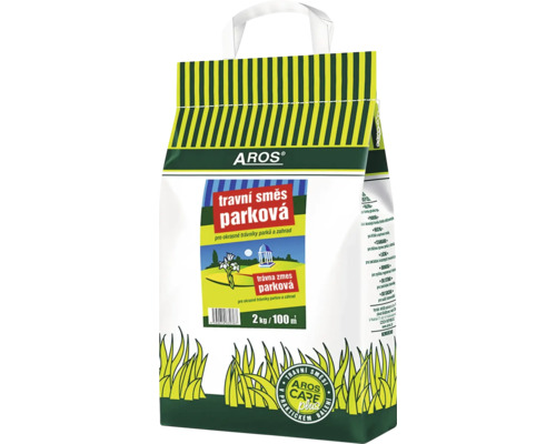 Travní směs AROS parková, balení 2 kg na 100 metrů čtverečních, určeno pro okrasné trávníky v parcích a zahradách.