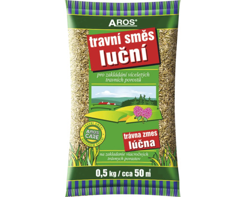Balení travní směsi Aros luční o hmotnosti 0,5 kilogramu pro přibližně 50 metrů čtverečních plochy.