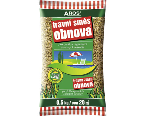 Travní směs Aros Obnova pro rychlou regeneraci okrasných trávníků, balení 0,5 kilogramu pro přibližně 20 metrů čtverečních.