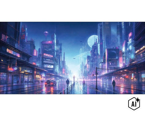 Nástěnná dekorace s futuristickou kyberpunkovou městskou krajinou v noci se mrakodrapy a lesklými ulicemi. (Image AI modified or generated)