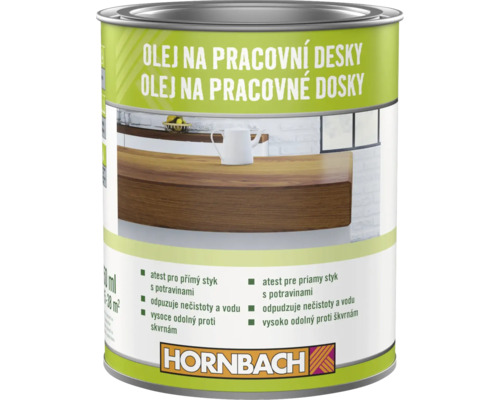 Plechovka Hornbach olej na pracovní desky pro ochranu dřevěných povrchů s atestem pro přímý styk s potravinami.