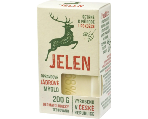 Jelen jádrové mýdlo, 200 gramů, šetrné k přírodě a pokožce, dermatologicky testováno, vyrobeno v České republice.