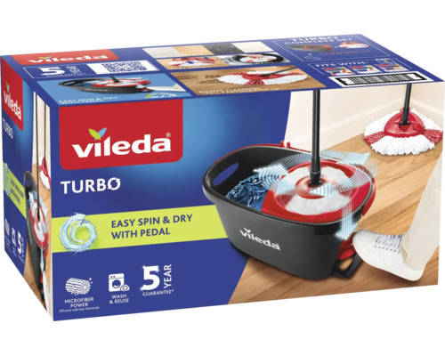 Vileda Turbo mopová sada s vědrem a pedálovým ždímačem pro efektivní vytírání podlah.
