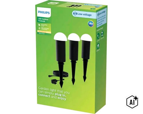 Sada tří venkovních LED svítidel Philips s kabelem a zástrčkou pro snadné osvětlení zahrady. (Image AI modified or generated)