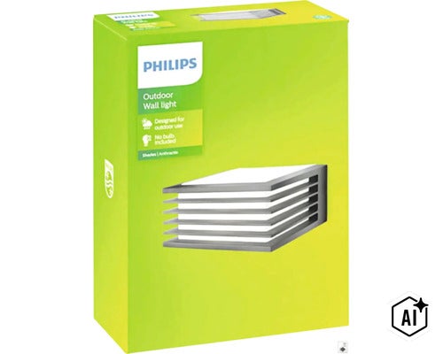 Venkovní nástěnné svítidlo Philips Shades v balení, odolné proti povětrnostním vlivům, světelný zdroj není součástí balení. (Image AI modified or generated)