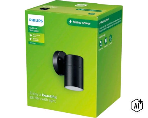 Venkovní nástěnné svítidlo Philips Kylis v balení, odolné vůči povětrnostním vlivům a korozi pro montáž na stěnu. (Image AI modified or generated)