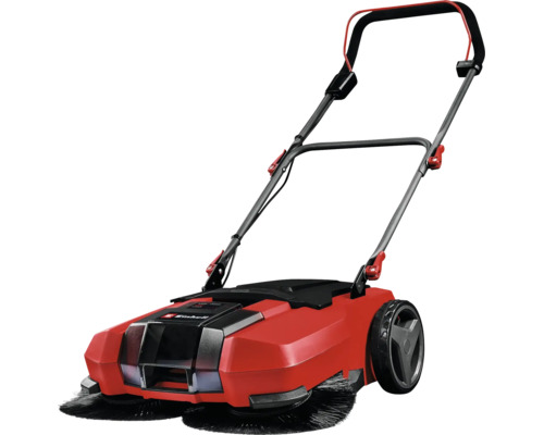 Akumulátorový zametací stroj Einhell se dvěma bočními kartáči a ergonomickou rukojetí pro čištění chodníků a příjezdových cest.