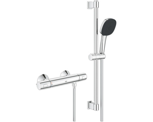 Sprchový systém Grohe s termostatickou baterií, ruční sprchou a sprchovou tyčí pro montáž na stěnu.