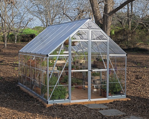 Skleník s policemi a rostlinami na zahradě