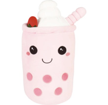 Plyšová hračka ve tvaru kelímku bubble tea s jahodou a šlehačkou