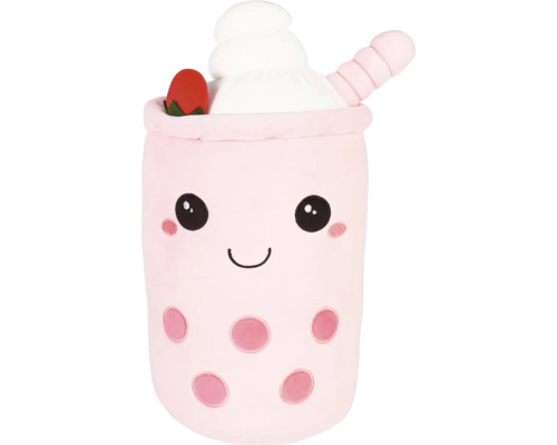 Plyšová hračka ve tvaru kelímku bubble tea s jahodou a šlehačkou