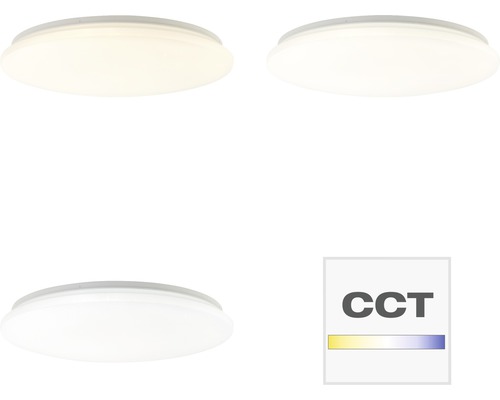 Tři stropní svítidla s různými barvami světla a symbolem CCT.