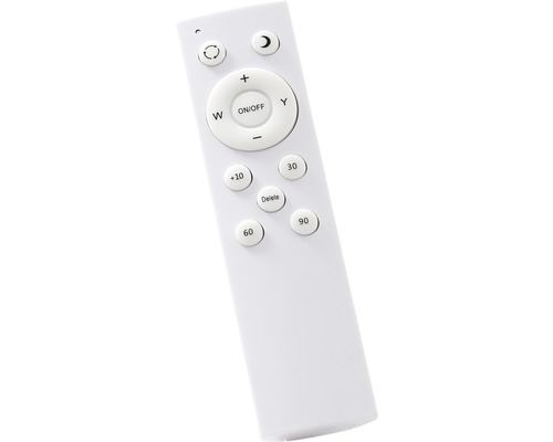 Bílé dálkové ovládání pro osvětlení s různými tlačítky pro ovládání světelných režimů a jasu.