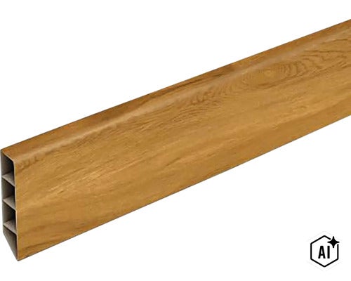 Plastová soklová lišta se vzhledem dřeva pro zakončení podlahových krytin (Image AI modified or generated)