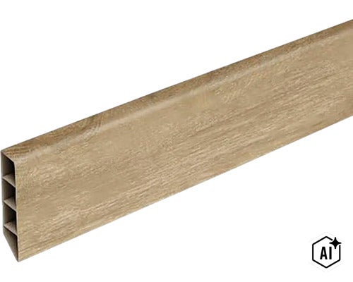 Plastová soklová lišta s povrchem v dekoru dřeva (Image AI modified or generated)