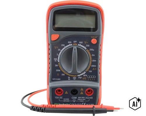 Digitální multimetr EK0450 od PK Technics pro měření napětí proudu a odporu včetně měřicích kabelů (Image AI modified or generated)
