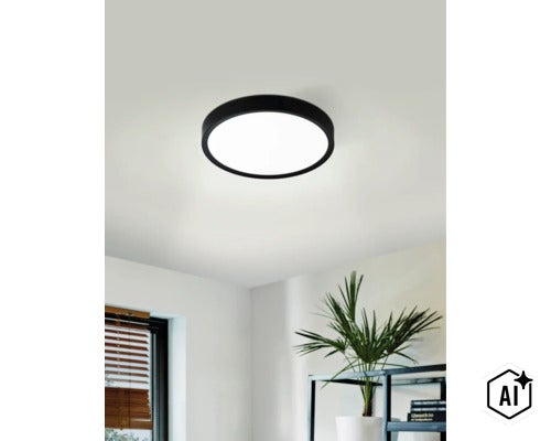 Moderní kulaté LED stropní svítidlo s plochým designem a matným povrchem instalované v obývacím pokoji. (Image AI modified or generated)