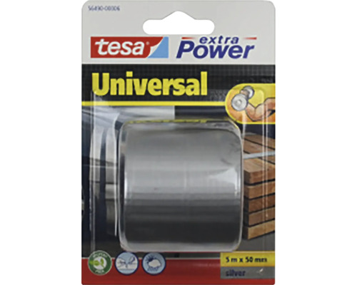Textilní lepicí páska Tesa Extra Power Universal, stříbrná, délka 5 metrů a šířka 50 milimetrů v blistrovém balení.