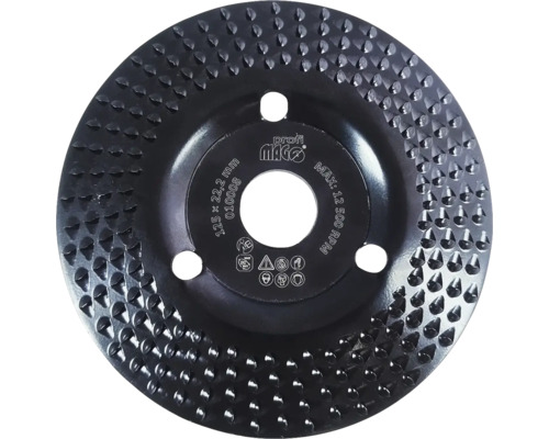 Rašplový kotouč Profi Mago 125 mm x 22,2 mm pro úhlovou brusku s bezpečnostními symboly a maximálními otáčkami 12500 otáček za minutu.
