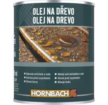 Plechovka oleje na dřevo s vyobrazením vodoodpudivého dřevěného povrchu a logem Hornbach