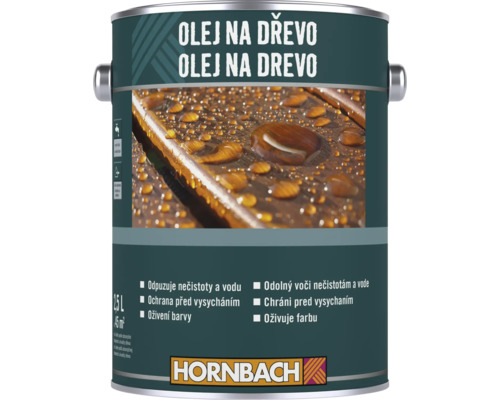 Olej na dřevo Hornbach pro venkovní použití, ochranný olej pro péči a oživení dřevěných povrchů, balení 2,5 litru.