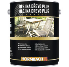 Pětilitrová plechovka Olej na dřevo Plus s logem Hornbach pro ochranu zahradního nábytku, chrání před šednutím a vysycháním.