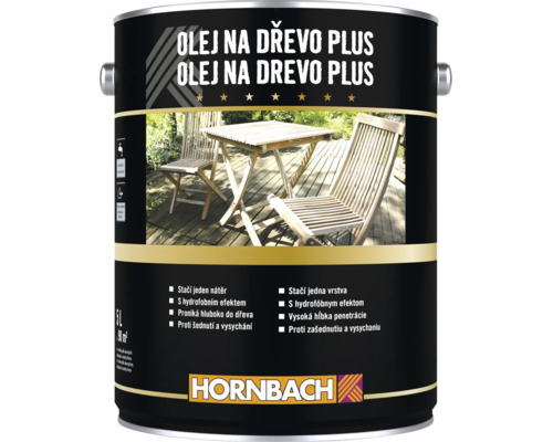 Pětilitrová plechovka Olej na dřevo Plus s logem Hornbach pro ochranu zahradního nábytku, chrání před šednutím a vysycháním.