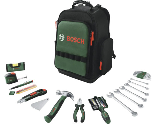 Batoh na nářadí Bosch naplněný různým ručním nářadím, jako je kladivo, kleště, vidlicové klíče a svinovací metr.