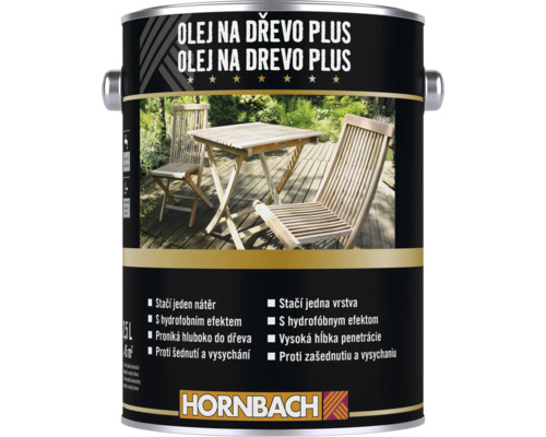 Plechovka Hornbach Olej na dřevo Plus s vyobrazením zahradního nábytku na terase.