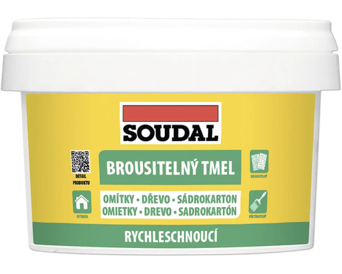 Soudal brousitelný tmel na omítky, dřevo a sádrokarton v kbelíku.